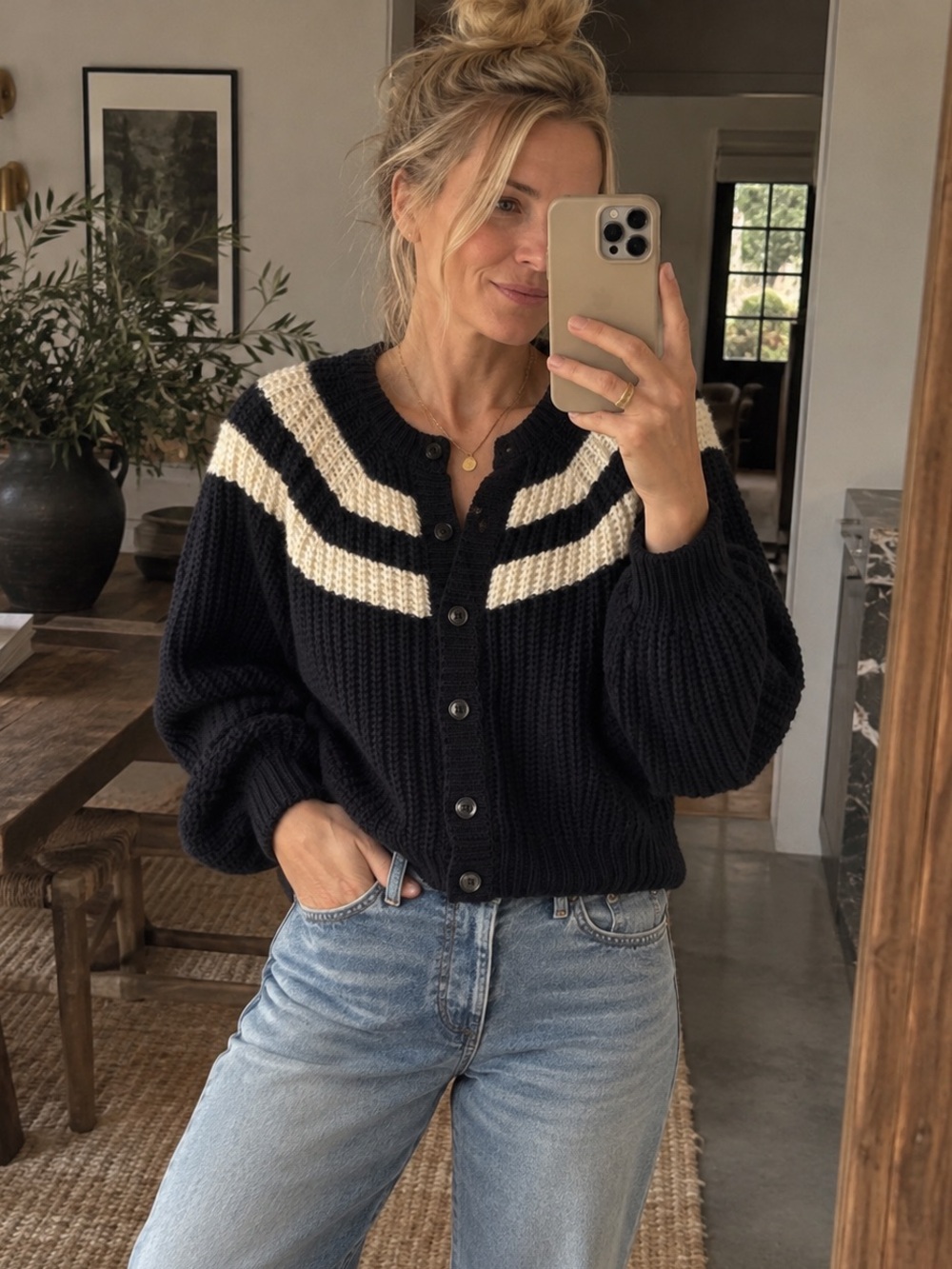 THE GREAT. The Sophomore Cardigan in Navy with Cream Stripes